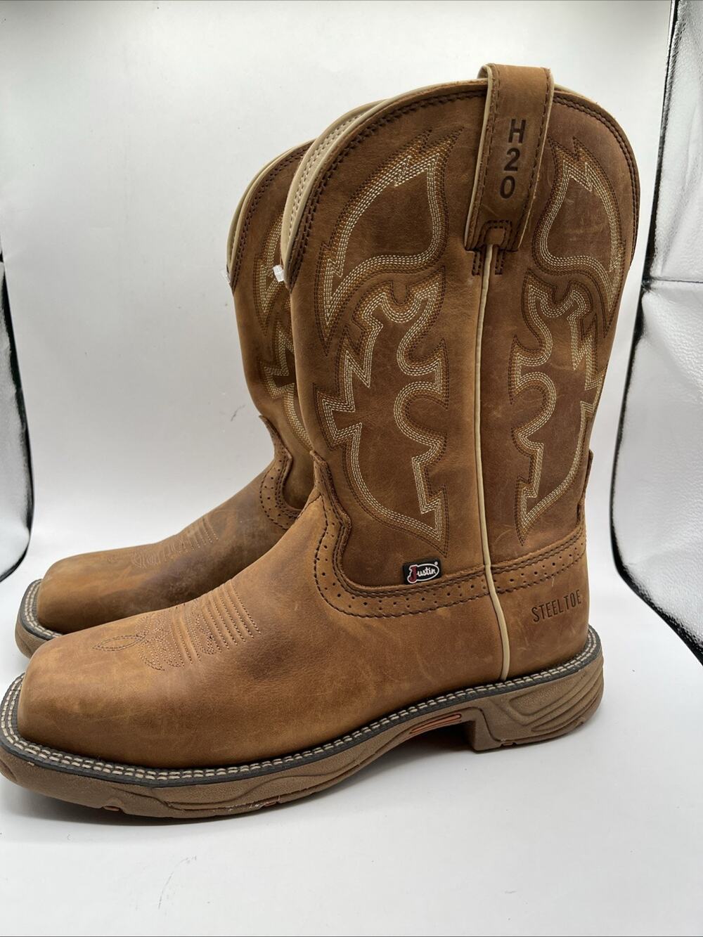 Justin Rush 11" Waterproof Square Steel Toe Men’s Work Boots Sz 10 D Brown NWOT
